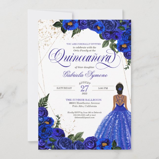 Royal Blue Floral Rose & Gold Elegant Quinceañera  Invitation (Front)