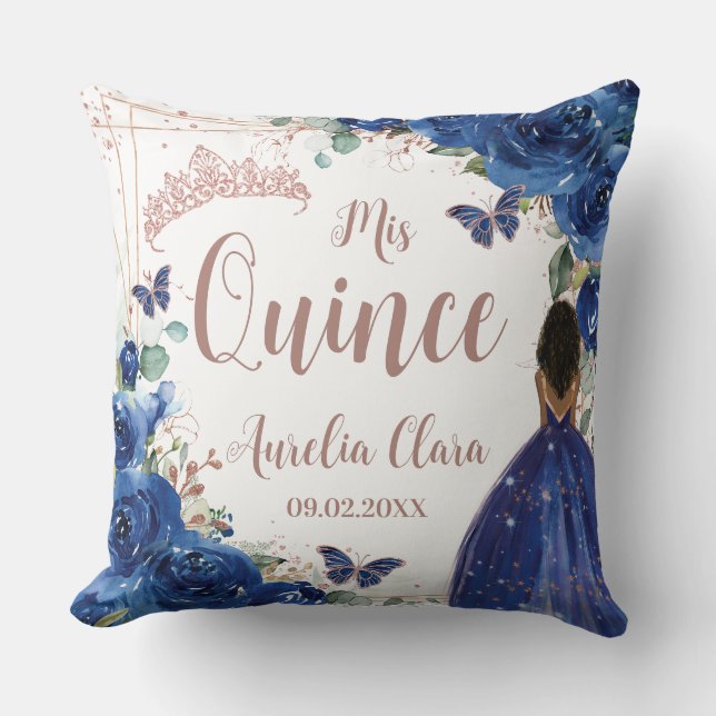Royal Blue Floral Rose Gold Quinceanera XV Throw Pillow (Front)