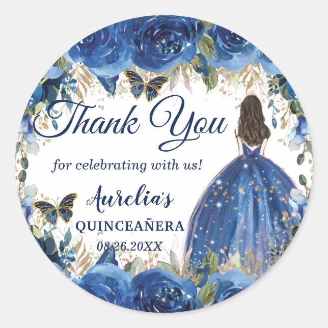 Royal Blue Floral Roses Butterflies Princess Favou Classic Round Sticker (Front)
