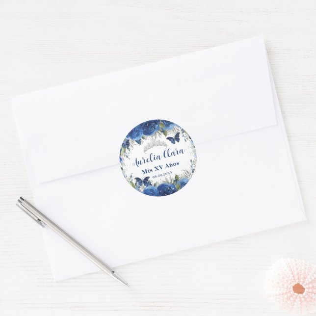 Royal Blue Floral Roses Butterflies Silver Crown Classic Round Sticker (Envelope)
