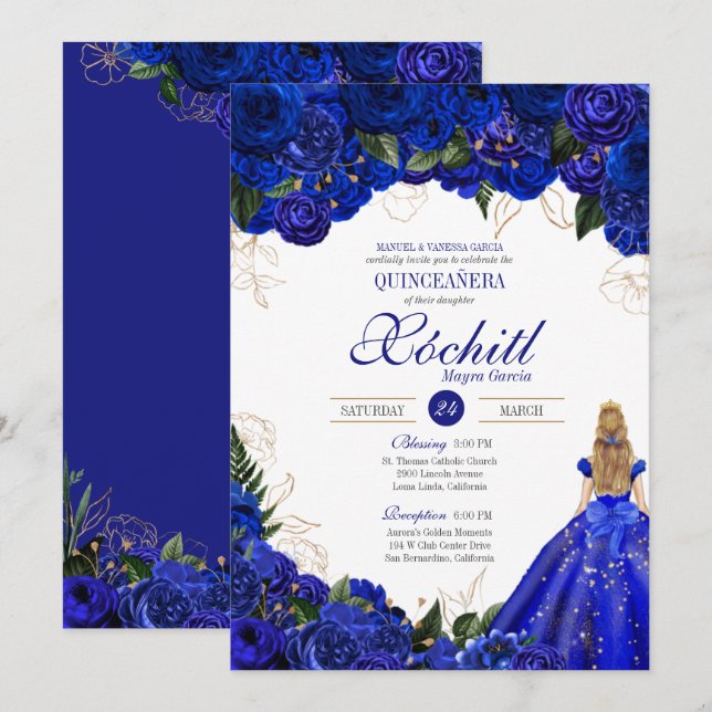 Royal Blue Floral Roses Elegant Quinceañera Party Invitation (Front/Back)