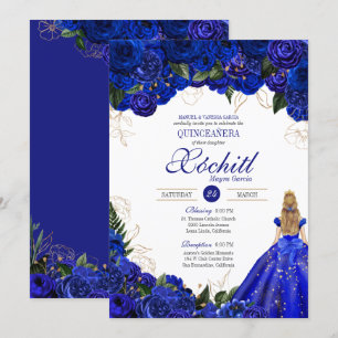 Royal Blue Floral Roses Elegant Quinceañera Party Invitation