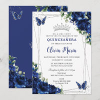 Royal Blue Floral Silver Quinceañera Butterflies