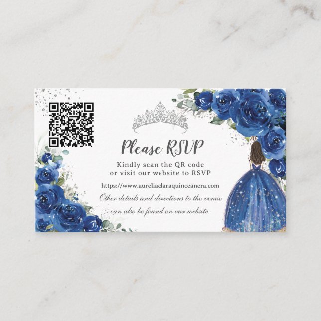 Royal Blue Floral Silver Quinceañera QR Code Enclosure Card (Front)