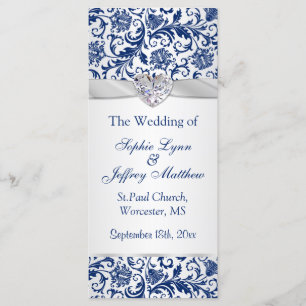 Royal blue floral swirls on silver Wedding Program