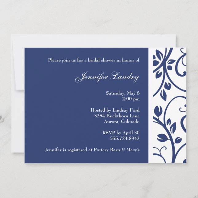 Royal Blue Floral Vine Bridal Shower Invitation (Front)