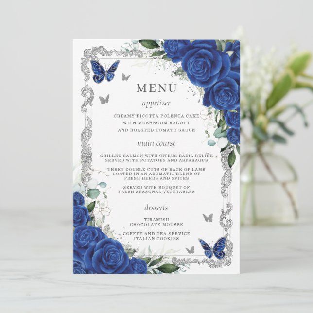 Royal Blue Floral Vintage Argent Quinceanera Menu (Debout devant)