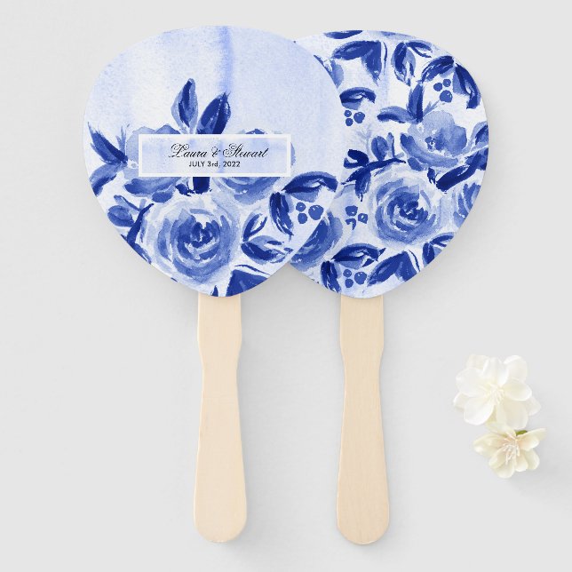 Royal Blue Floral Watercolor Wedding  Hand Fan (Front and Back)