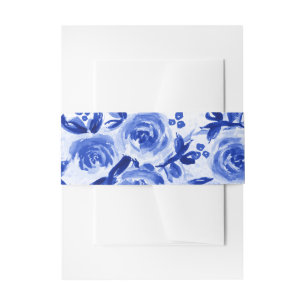 Royal Blue Floral Watercolor Wedding  Invitation Belly Band