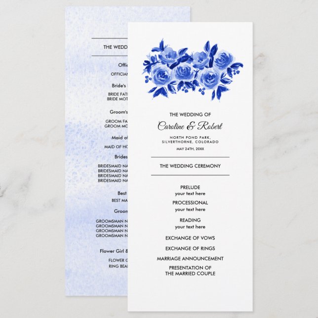 Royal Blue Floral Watercolor Wedding Program (Front/Back)