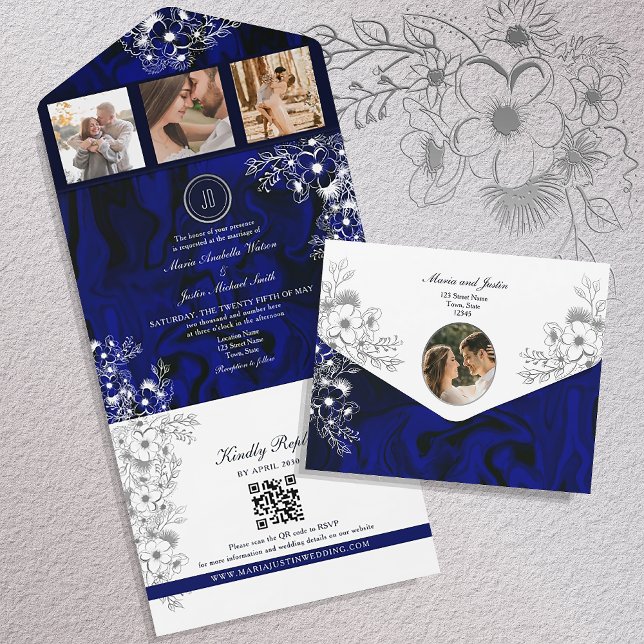 Royal Blue Floral Wedding All In One Invitation (Creator Uploaded)