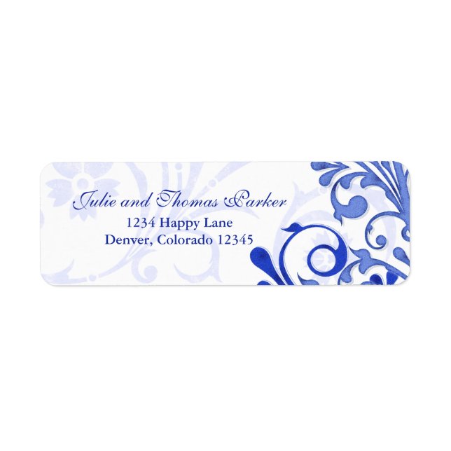 Royal Blue Floral Wedding Return Address Label (Front)