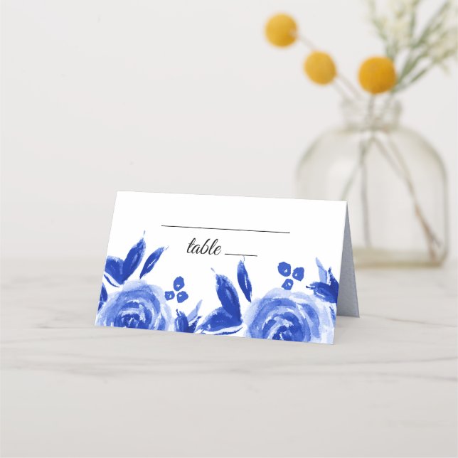 Royal Blue Floral Wedding Table Place Cards (Front)