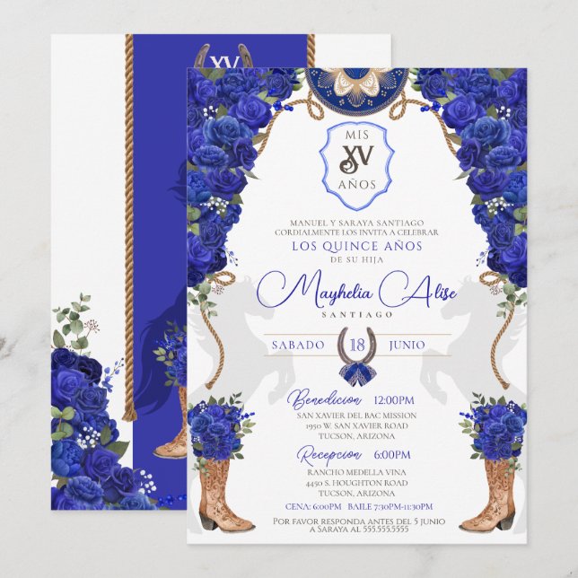 Royal Blue Floral Western Charro Quinceañera Invitation (Front/Back)