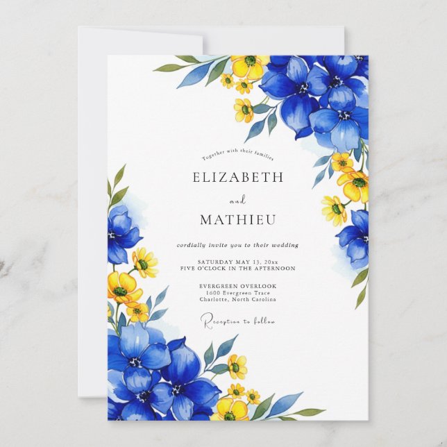 Royal Blue Floral Whimsy Wedding Invitation (Front)