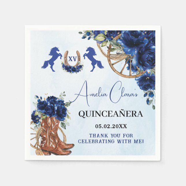 Royal Blue Floral Wild West Charro Quinceañera XV Napkin (Front)