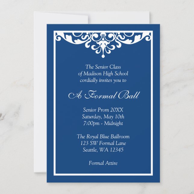 Royal Blue Flourish Formal Prom Dance Ball Invitation (Front)