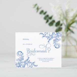 Royal Blue Flourish Will You Be My Bridesmaid Invitation Postcard