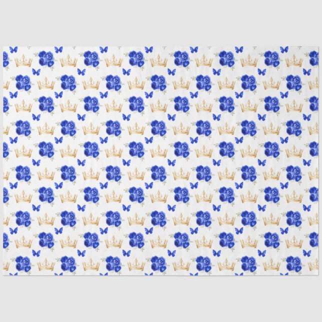 Royal Blue Flowers and Gold Crowns Tissue Paper (Front)