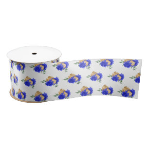 Royal Blue Flowers and Greenery Pattern Satin Ribbon