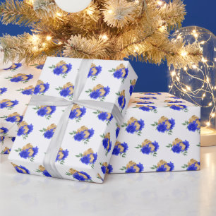 Royal Blue Flowers and Greenery Pattern Wrapping Paper