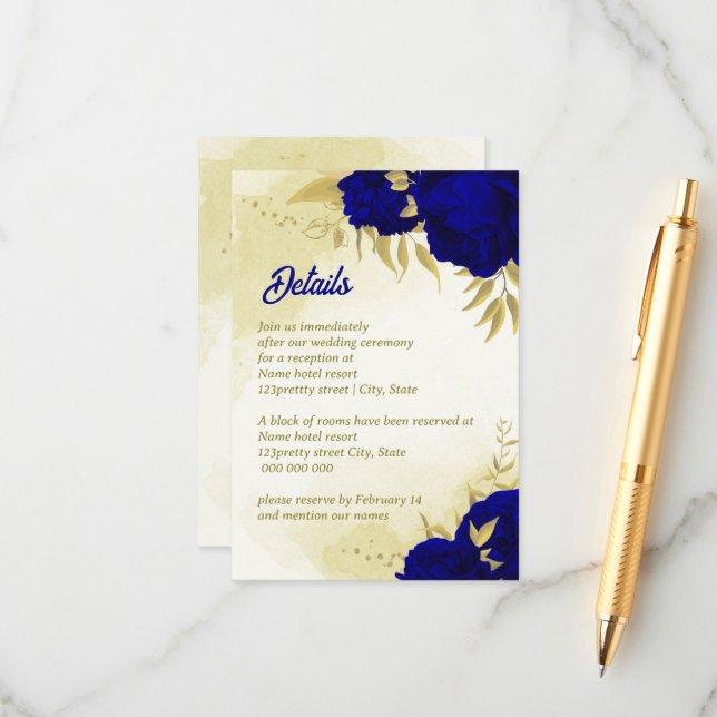 Royal blue flowers gold botanical wedding enclosure card (Front/Back In Situ)