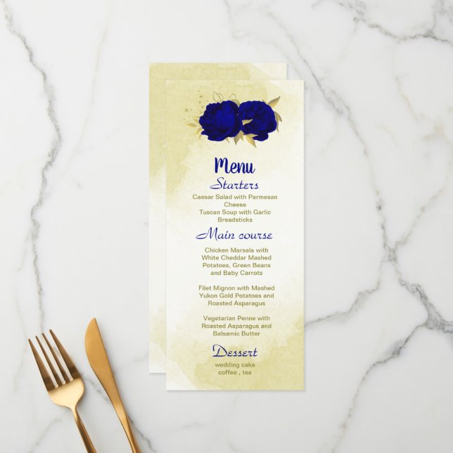 Royal blue flowers gold botanical wedding menu (Front/Back In Situ)