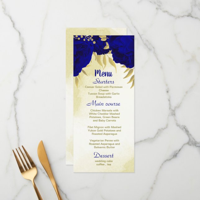 Royal blue flowers gold botanical wedding menu (Front/Back In Situ)