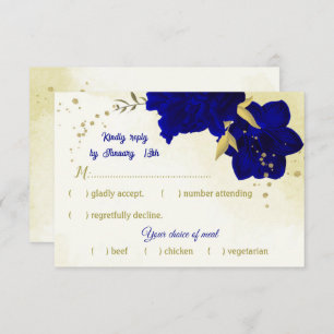 Royal blue flowers gold botanical wedding RSVP card