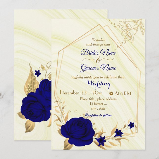 royal blue flowers gold geometric wedding invitati invitation (Front/Back)
