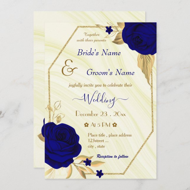 royal blue flowers gold geometric wedding invitation (Front/Back)