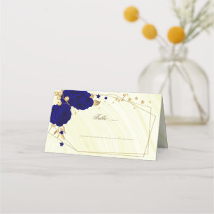 royal blue flowers gold leaves geometric place card