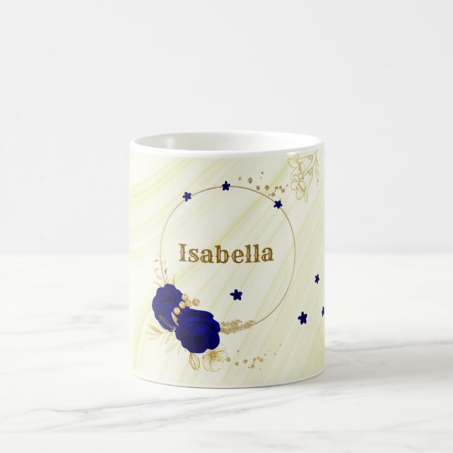 royal blue flowers gold leaves marble coffee mug (Center)