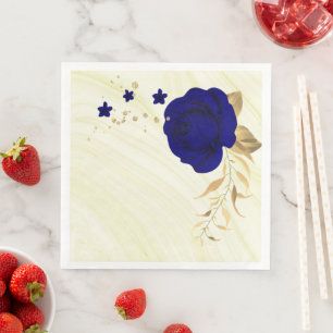 royal blue flowers gold leaves marble paper dinner napkin