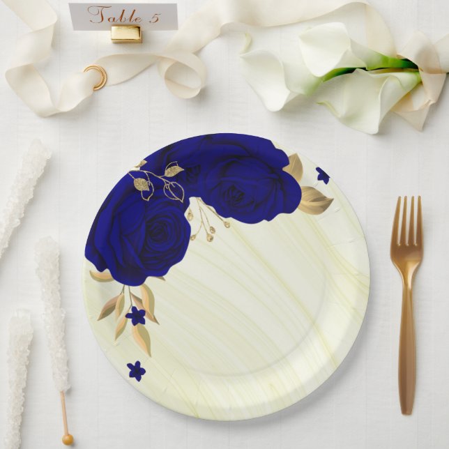 royal blue flowers gold leaves marble paper plate (Wedding)