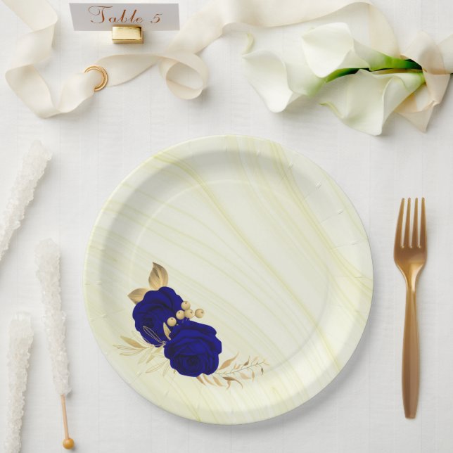 royal blue flowers gold leaves marble paper plate (Wedding)