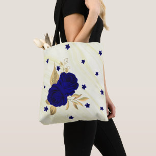 Royal blue flowers gold leaves marble tote bag
