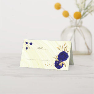 royal blue flowers gold leaves place card
