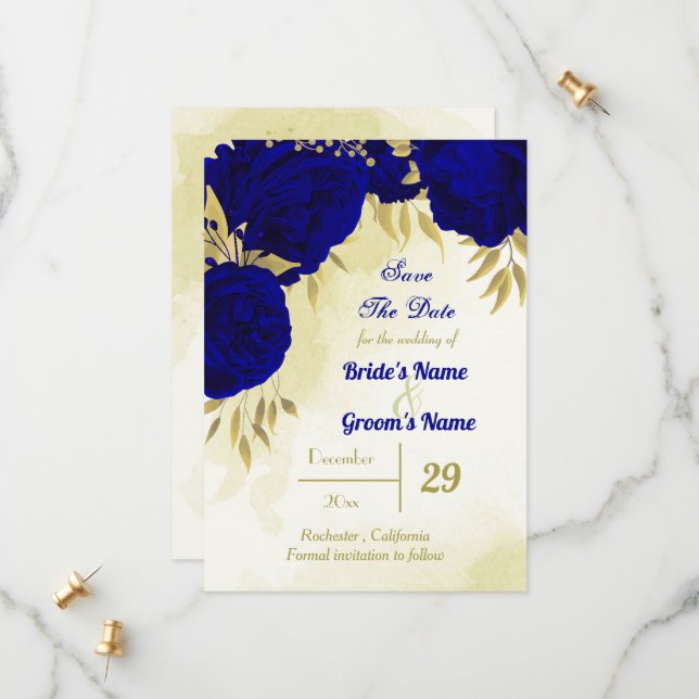 Royal blue flowers gold leaves save the date (Front/Back In Situ)