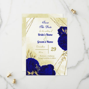 Royal blue flowers gold leaves save the date