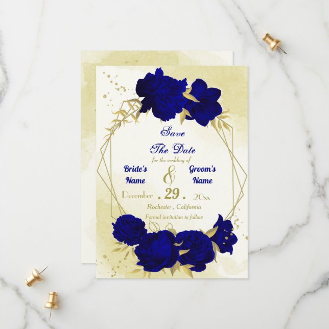 Royal blue flowers gold leaves save the date (Front/Back In Situ)