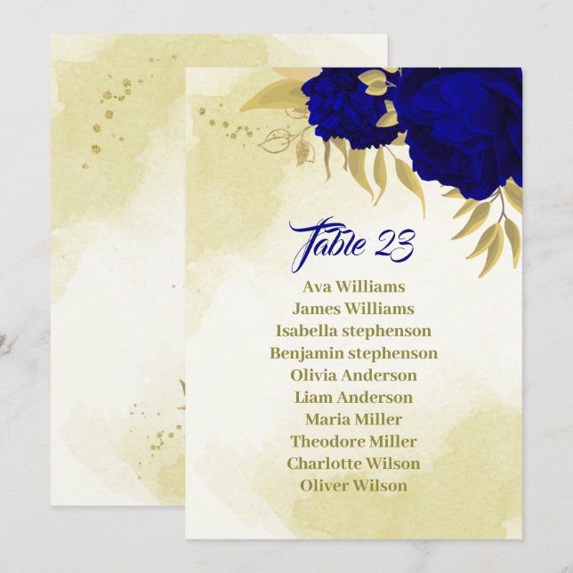 Royal blue flowers gold leaves seating chart card (Front/Back)