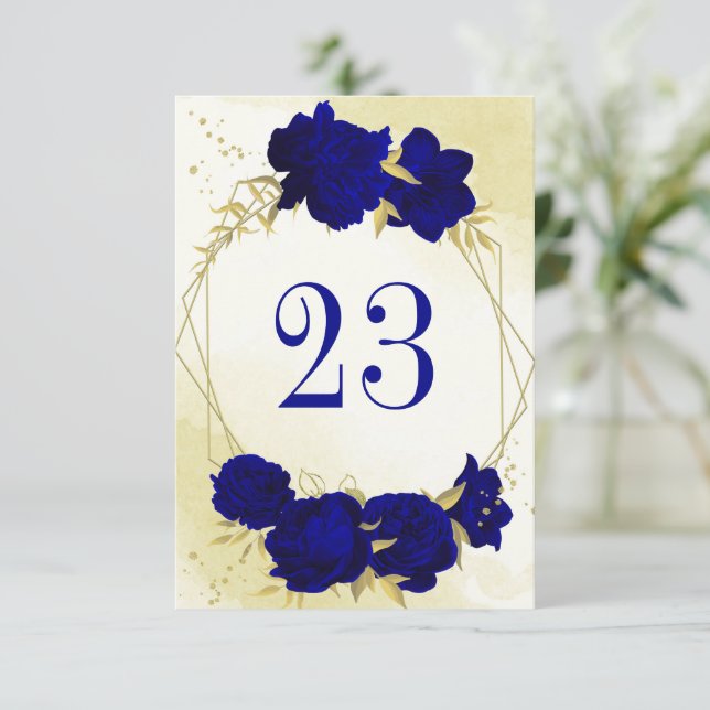 Royal blue flowers gold leaves table number (Standing Front)