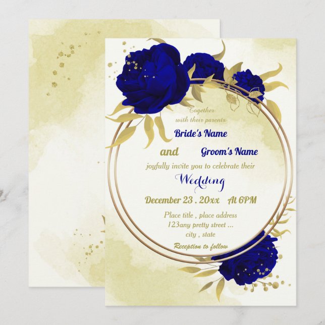 Royal blue flowers gold leaves wedding invitation (Front/Back)