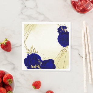 Royal blue flowers gold leaves wedding napkin