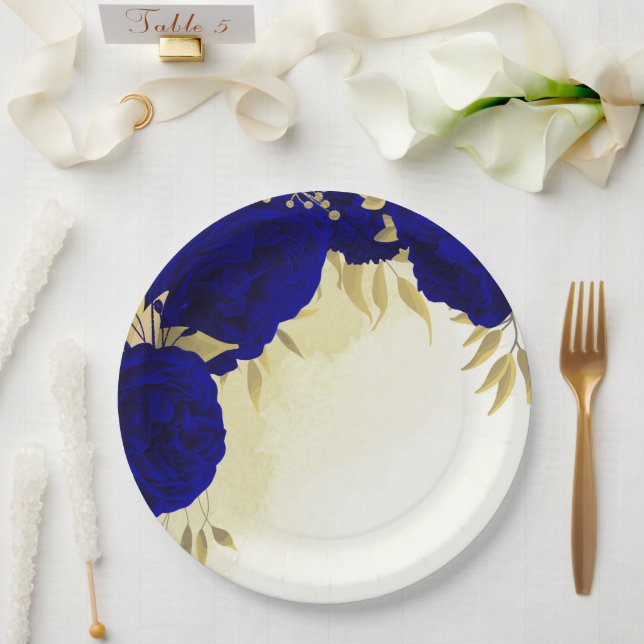 Royal blue flowers gold leaves wedding paper plate (Wedding)