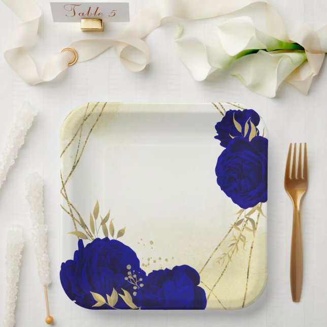 Royal blue flowers gold leaves wedding paper plate (Wedding)