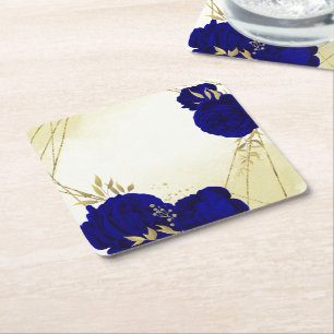 Royal blue flowers gold leaves wedding square paper coaster