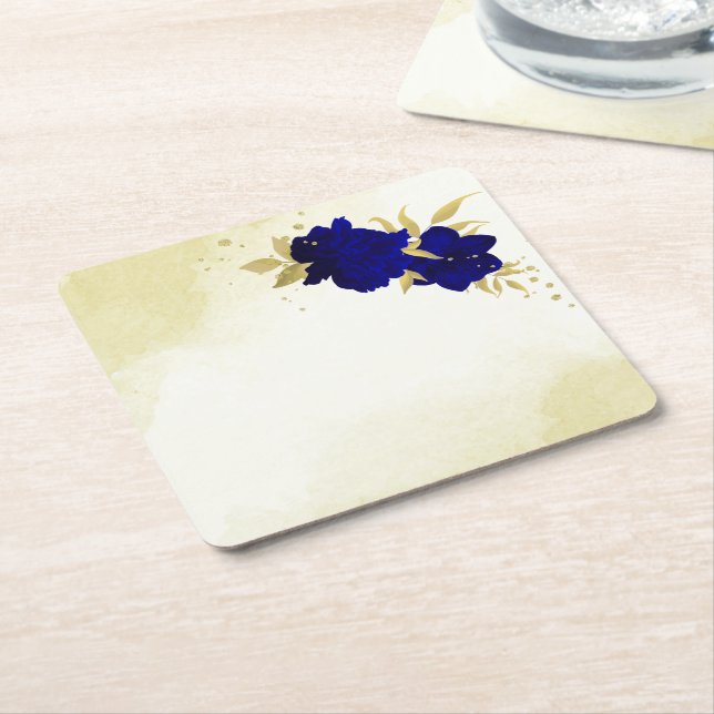 Royal blue flowers gold leaves wedding square paper coaster (Angled)