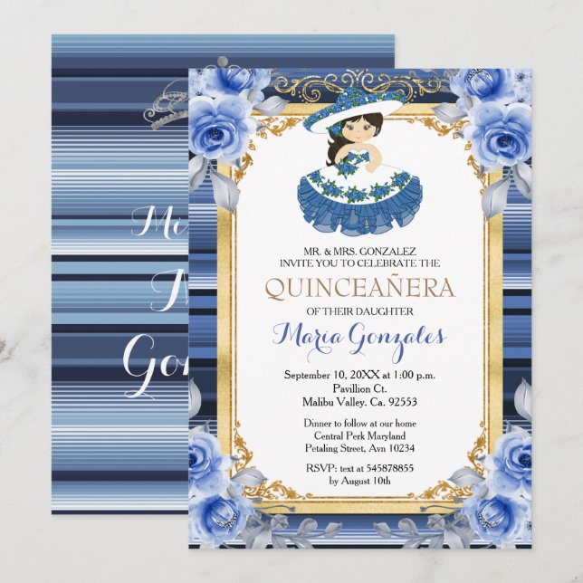 Royal Blue Flowers Gold Quinceanera Invitation (Devant / Derrière)